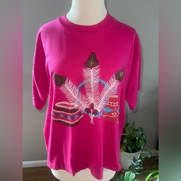 Vintage best fruit of the loom Texas pink shirt -feathers and pots single stitch - Picture 1 of 9